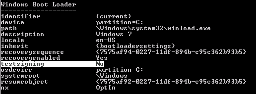 bcdedit showing testsigning setting