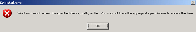 Error message stating "Windows cannot access the specified device, path, or file. You may not have the appropriate permissions to access the item."